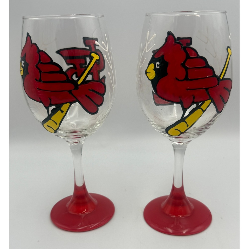 St. Louis Cardinals Wine Glasses Set of 2 Hand Painted MLB Baseball Red Stem